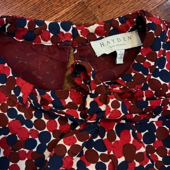 Hayden long sleeve tie neck navy red and white dot print shift dress size large - Picture 5 of 5